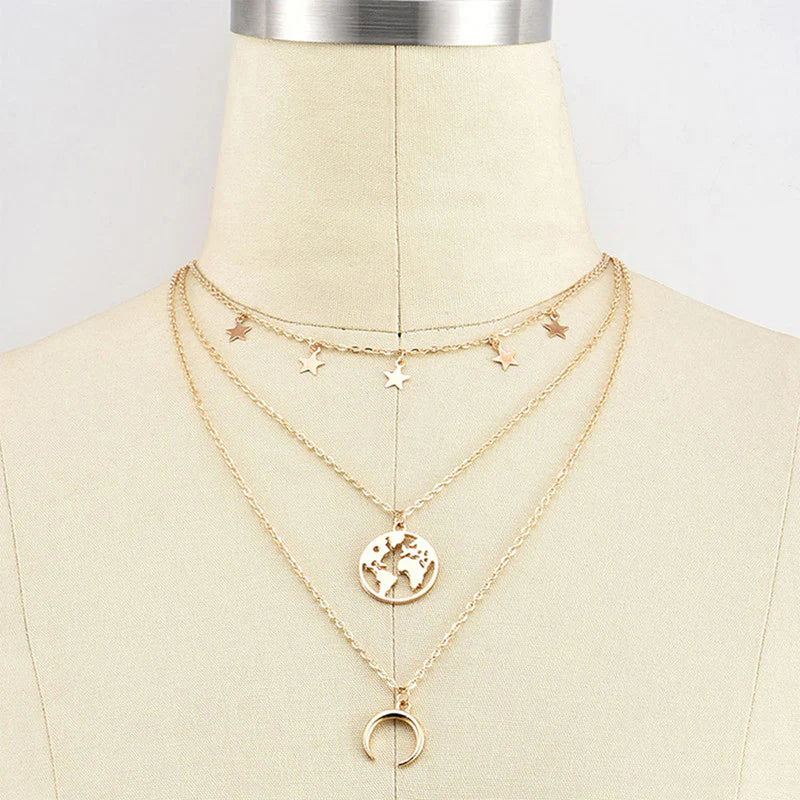 Celestial World Layered Necklace – Gold Moon, Earth & Star Pendant Chain
