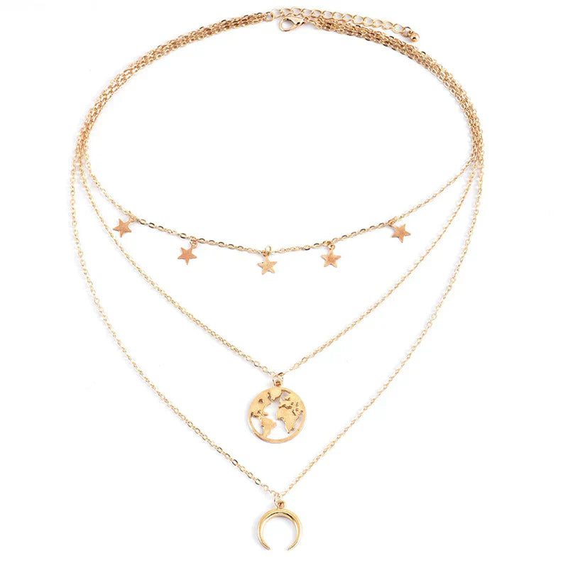 Celestial World Layered Necklace – Gold Moon, Earth & Star Pendant Chain