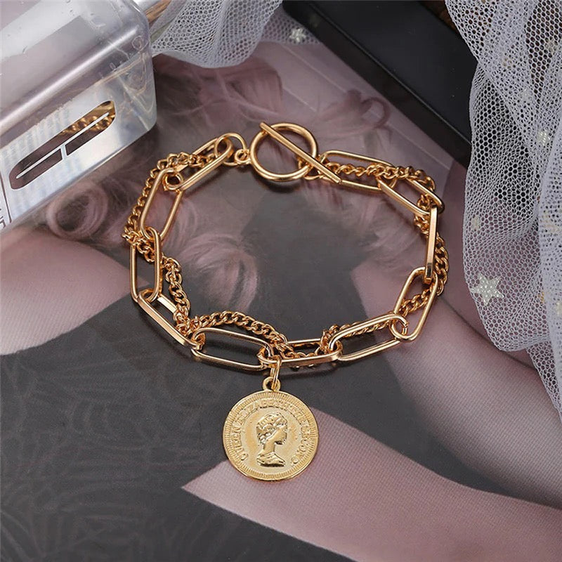 Golden Queen Coin Chain Bracelet