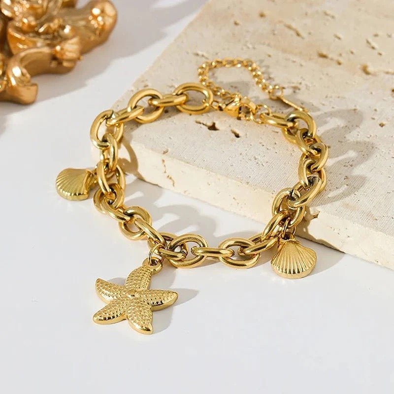 Golden Sea Charm Bracelet – Starfish & Shell Link Chain