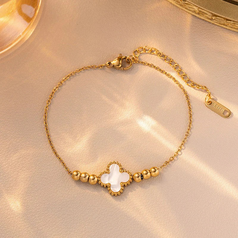 Golden Clover Charm Bracelet – Minimal Elegance with White Inlay