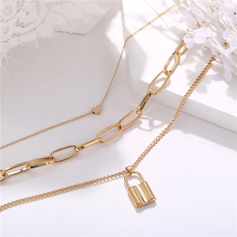 Anti Tarnish Gold Lock Layered Necklace