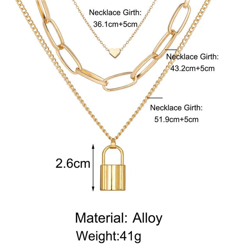 Anti Tarnish Gold Lock Layered Necklace