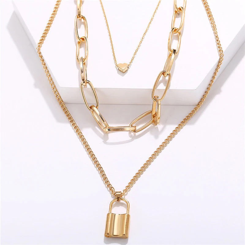 Anti Tarnish Gold Lock Layered Necklace