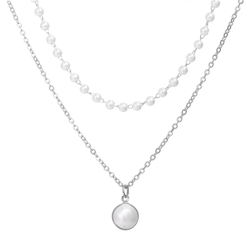 Elegant Layered Pearl & Silver Chain Pendant Necklace