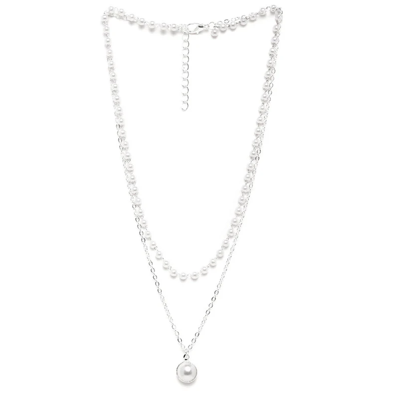 Elegant Layered Pearl & Silver Chain Pendant Necklace