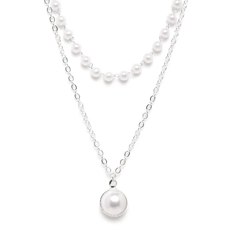 Elegant Layered Pearl & Silver Chain Pendant Necklace