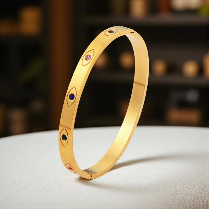 Gold Evil Eye Bangle Bracelet with Multicolor Gem Accents