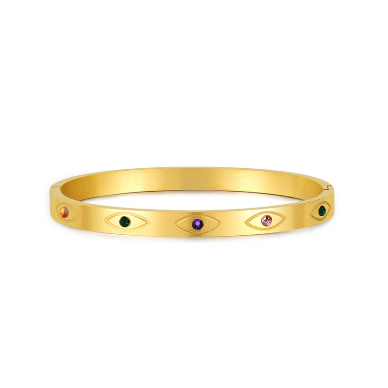 Gold Evil Eye Bangle Bracelet with Multicolor Gem Accents