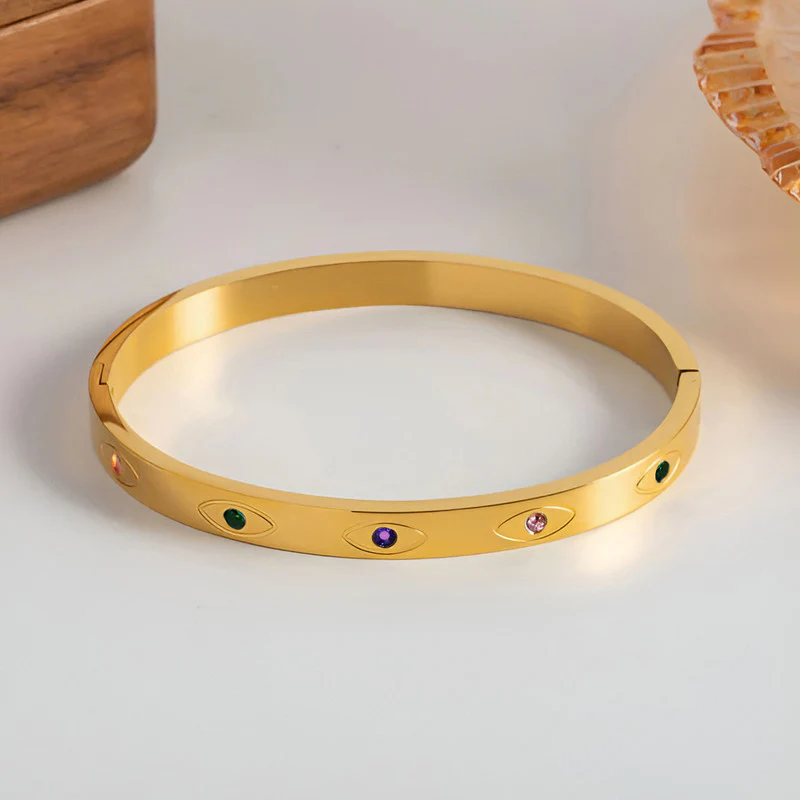 Gold Evil Eye Bangle Bracelet with Multicolor Gem Accents