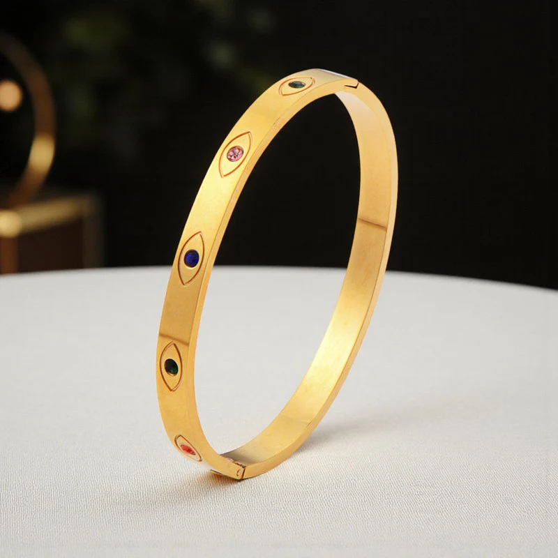 Gold Evil Eye Bangle Bracelet with Multicolor Gem Accents