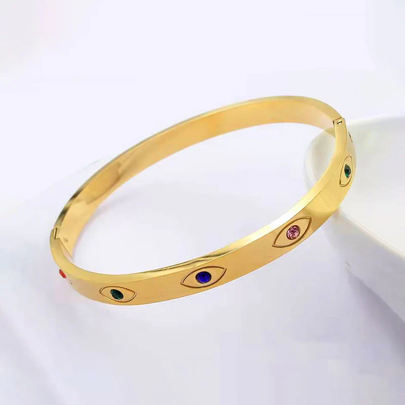 Gold Evil Eye Bangle Bracelet with Multicolor Gem Accents