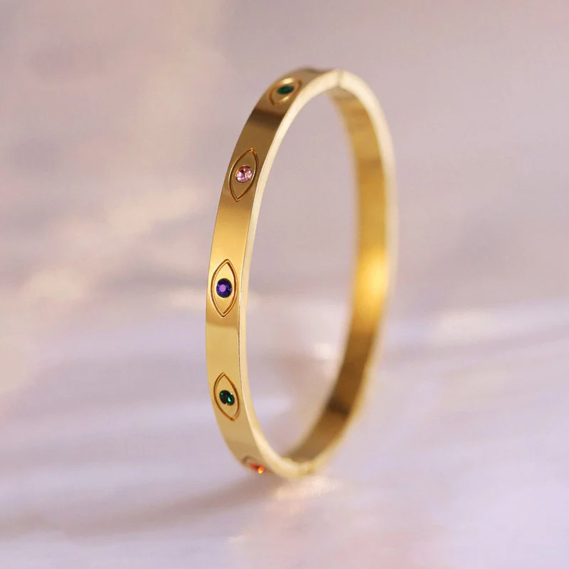 Gold Evil Eye Bangle Bracelet with Multicolor Gem Accents