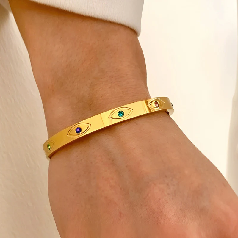 Gold Evil Eye Bangle Bracelet with Multicolor Gem Accents