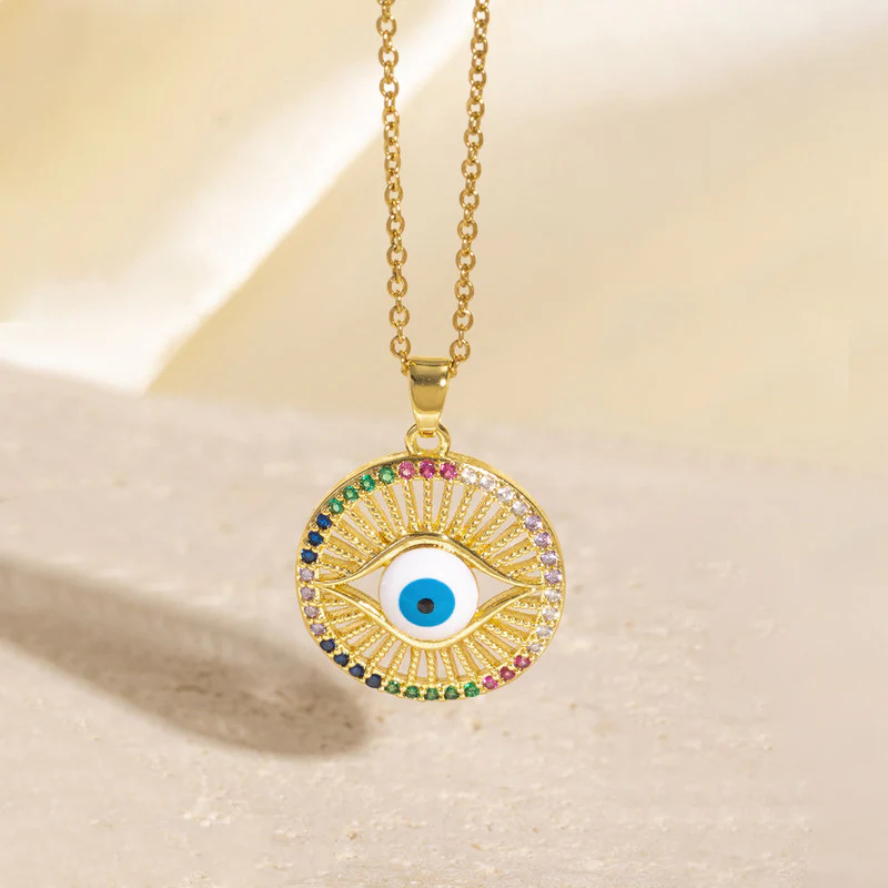 Gold Evil Eye Rainbow Pendant Necklace