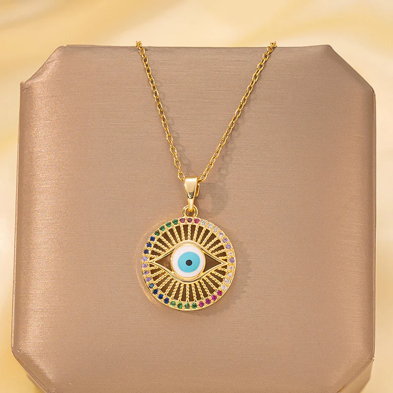 Gold Evil Eye Rainbow Pendant Necklace