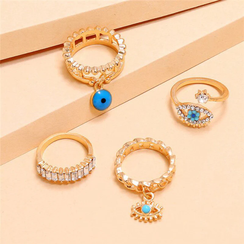 Turquoise Evil Eye Anti-Tarnish Gold Stacking Ring Set (5-Piece)