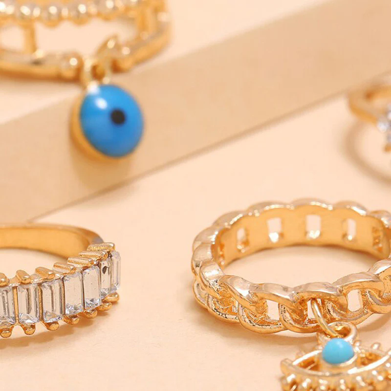Turquoise Evil Eye Anti-Tarnish Gold Stacking Ring Set (5-Piece)
