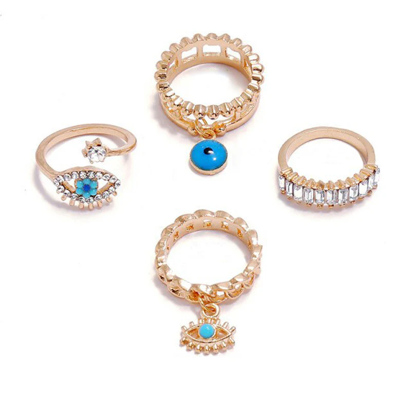 Turquoise Evil Eye Anti-Tarnish Gold Stacking Ring Set (5-Piece)