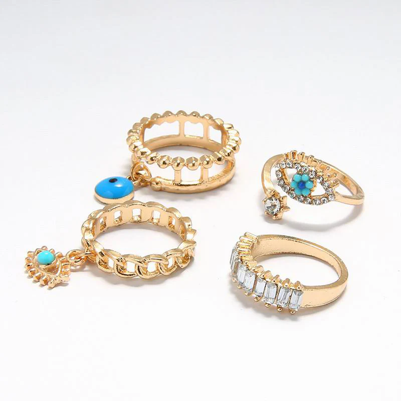 Turquoise Evil Eye Anti-Tarnish Gold Stacking Ring Set (5-Piece)