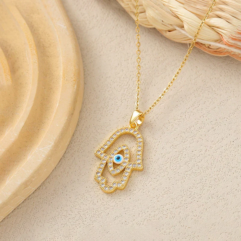 Sparkling Hamsa Evil Eye Anti-Tarnish Gold Pendant Necklace