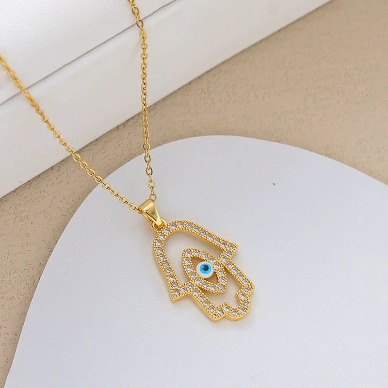 Sparkling Hamsa Evil Eye Anti-Tarnish Gold Pendant Necklace