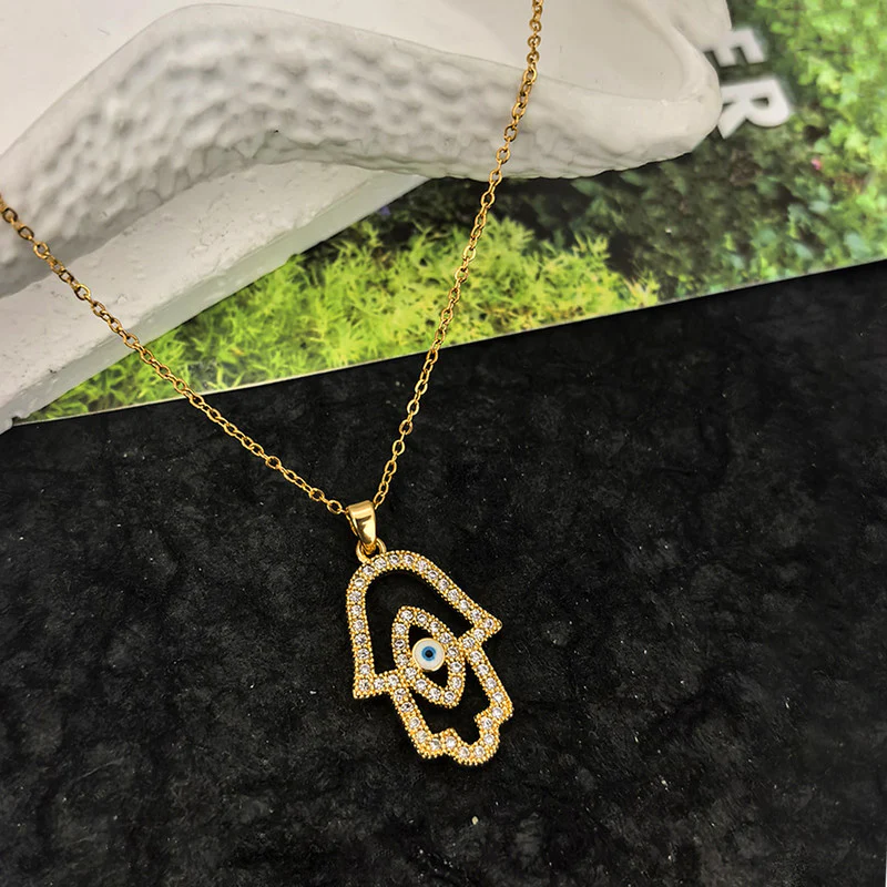 Sparkling Hamsa Evil Eye Anti-Tarnish Gold Pendant Necklace