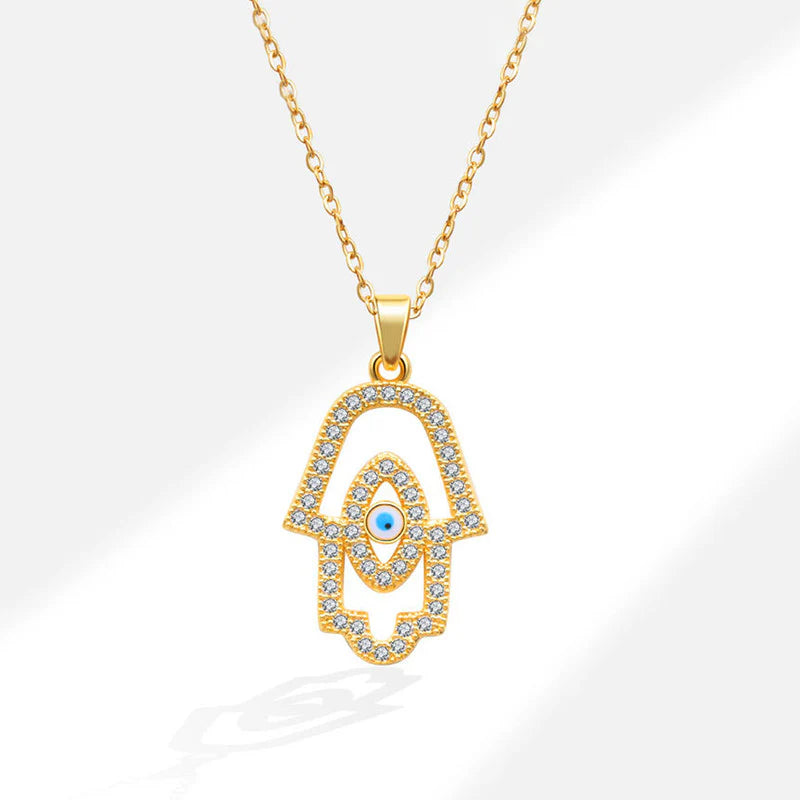 Sparkling Hamsa Evil Eye Anti-Tarnish Gold Pendant Necklace