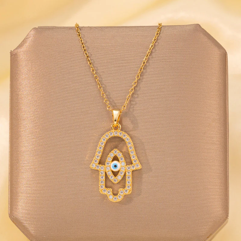 Sparkling Hamsa Evil Eye Anti-Tarnish Gold Pendant Necklace
