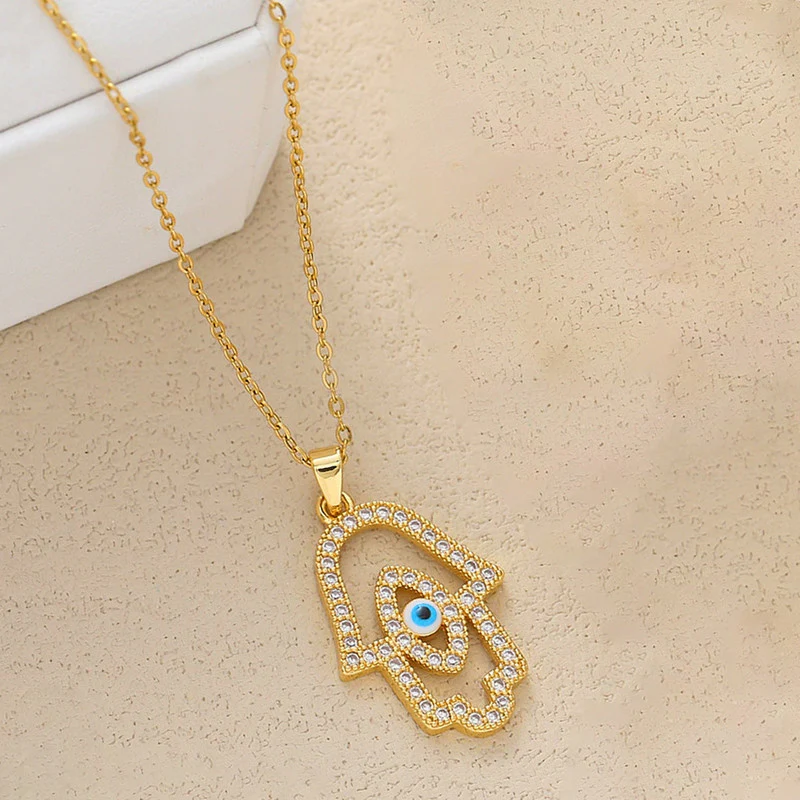 Sparkling Hamsa Evil Eye Anti-Tarnish Gold Pendant Necklace
