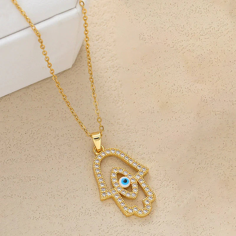 Sparkling Hamsa Evil Eye Anti-Tarnish Gold Pendant Necklace