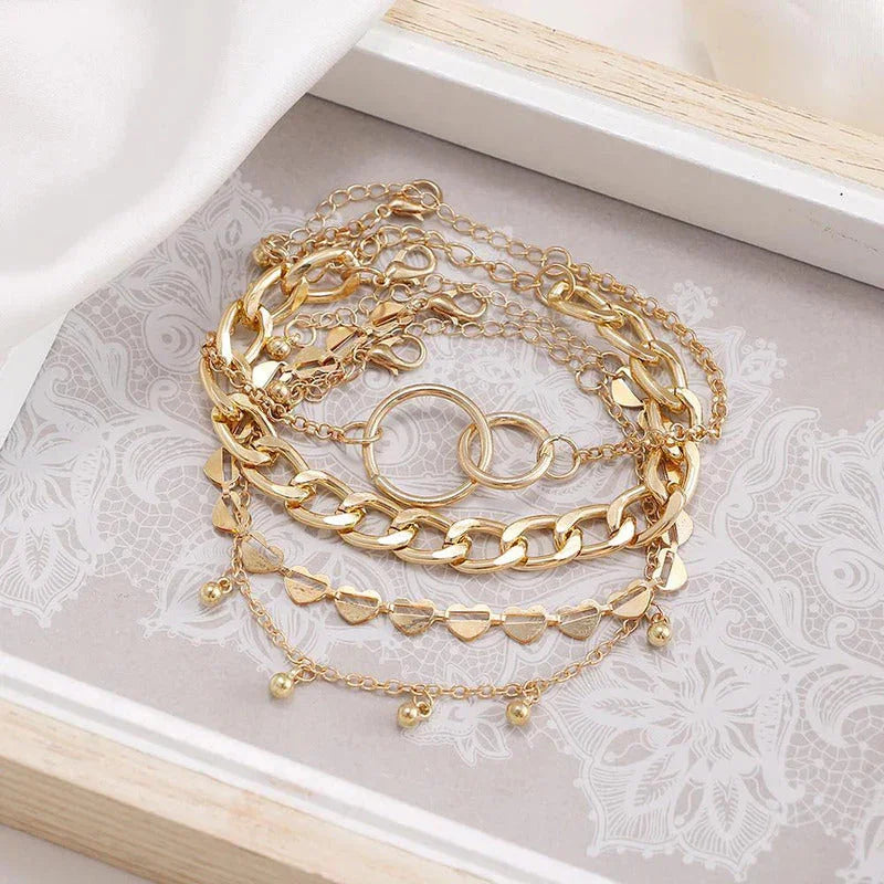 Golden Layered Link Bracelet Set (Set of 4)