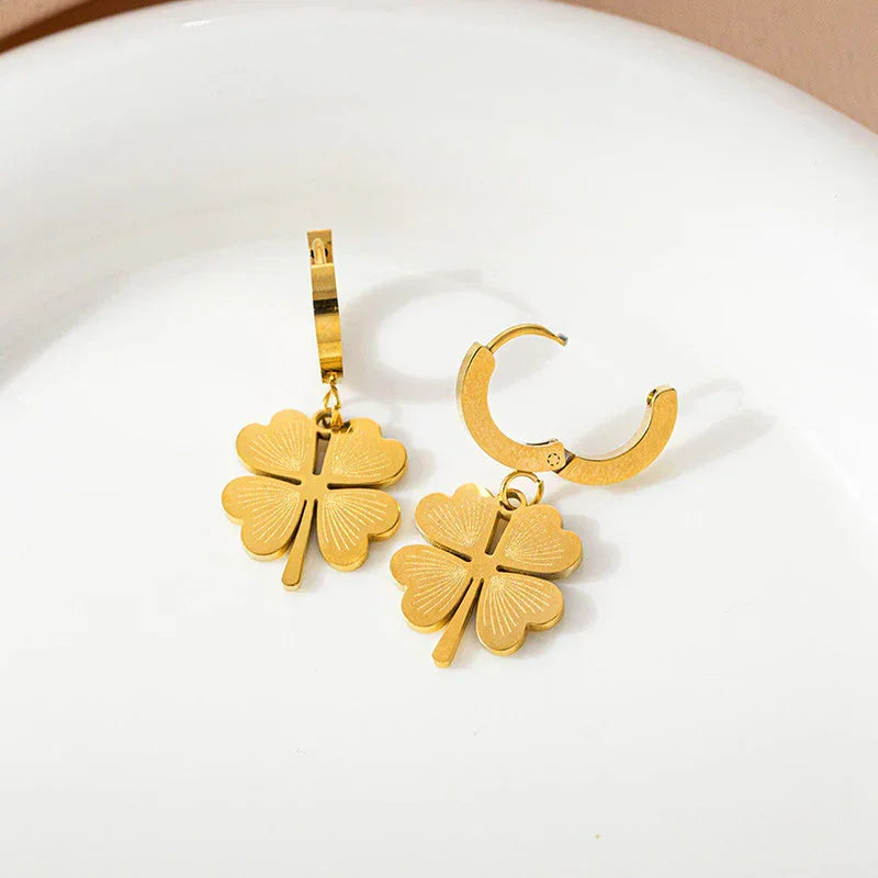 Golden Clover Charm Hoop Earring