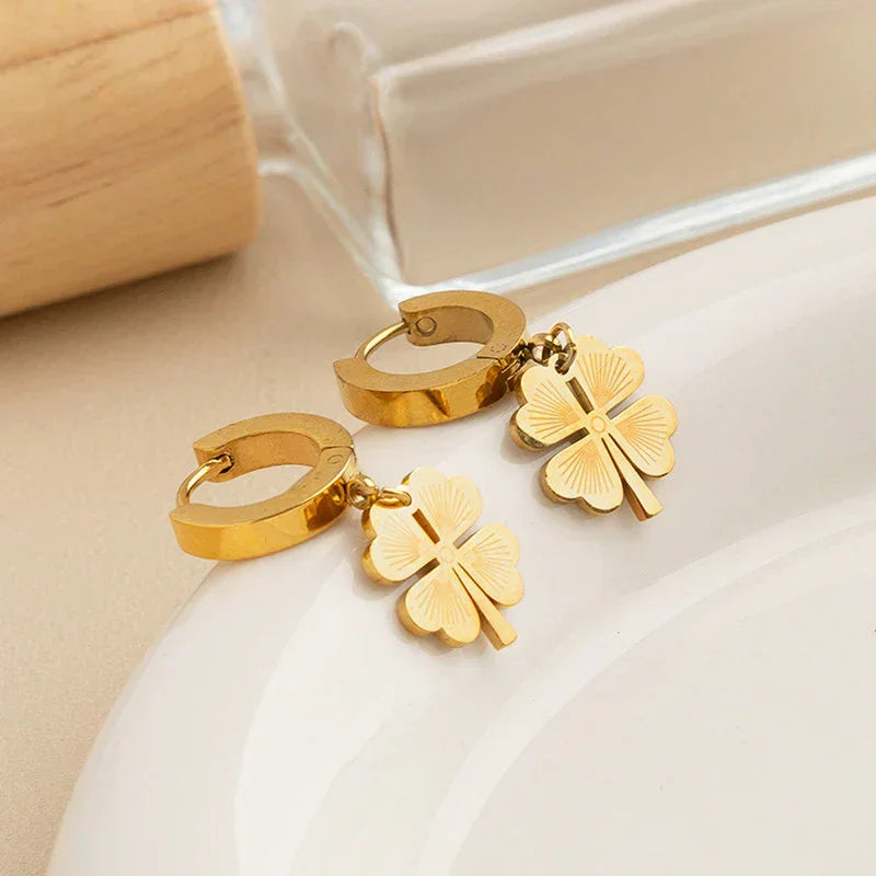 Golden Clover Charm Hoop Earring