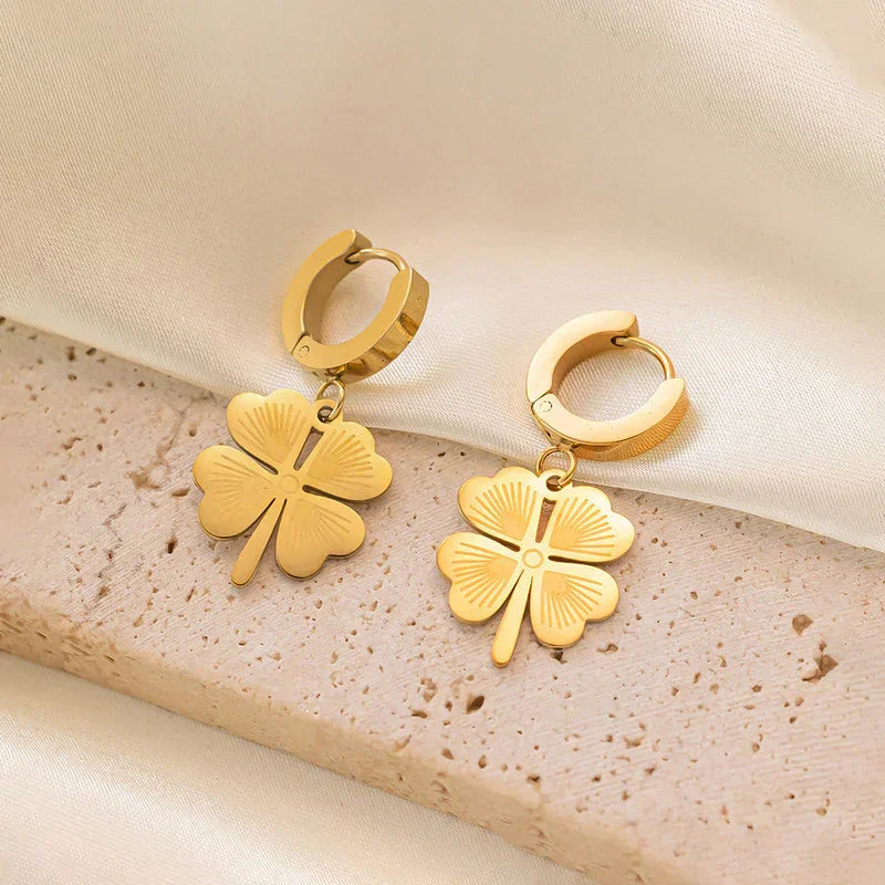 Golden Clover Charm Hoop Earring