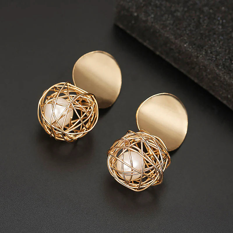 Gold Wire Ball Drop Earrings with Pearl Accent