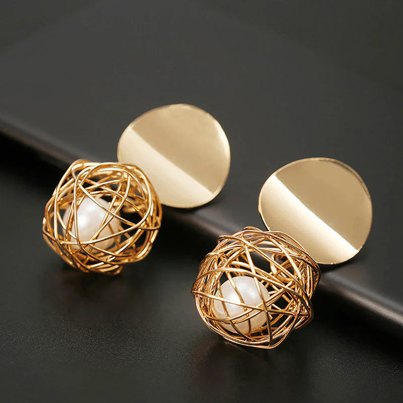 Gold Wire Ball Drop Earrings with Pearl Accent
