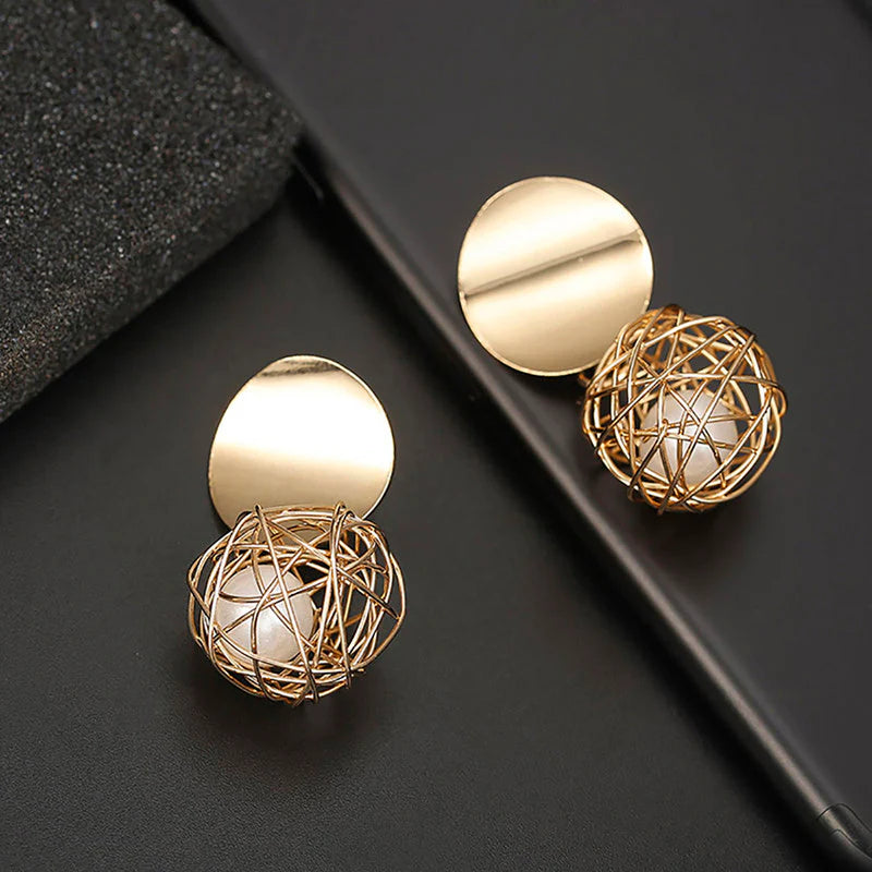 Gold Wire Ball Drop Earrings with Pearl Accent