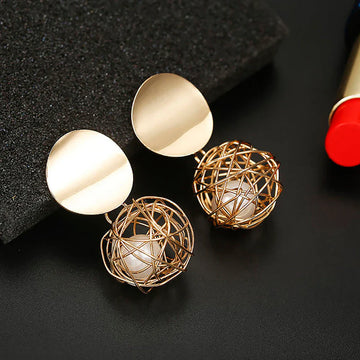 Gold Wire Ball Drop Earrings with Pearl Accent