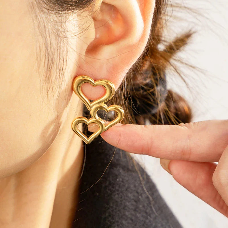 Triple Heart Gold Drop Earring
