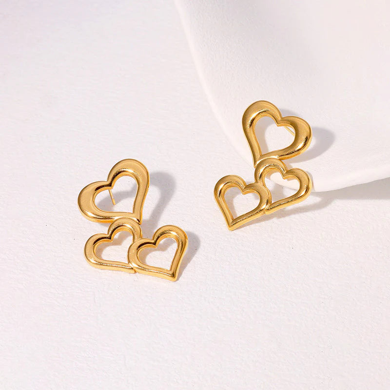 Triple Heart Gold Drop Earring