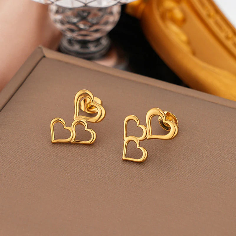 Triple Heart Gold Drop Earring