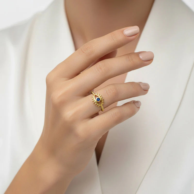 Gold Evil Eye Adjustable Ring with Blue Stone