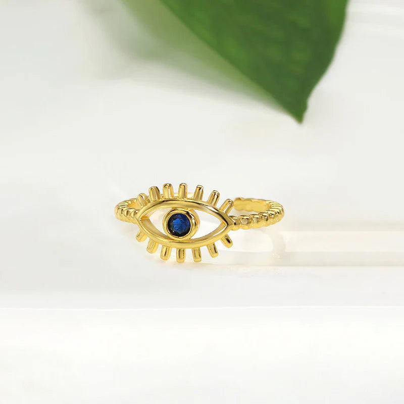 Gold Evil Eye Adjustable Ring with Blue Stone