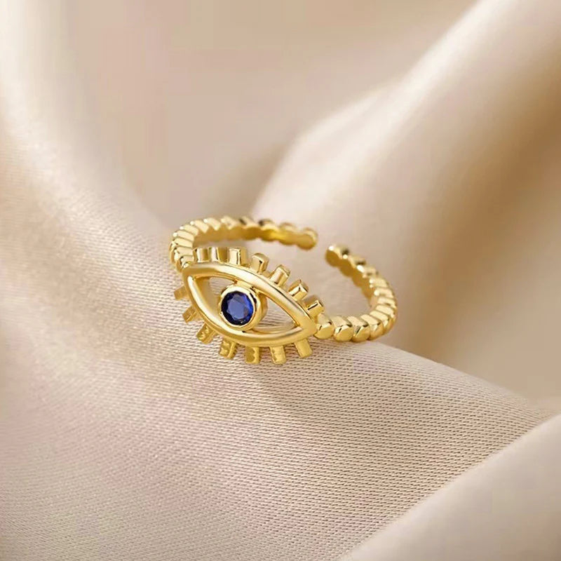Gold Evil Eye Adjustable Ring with Blue Stone