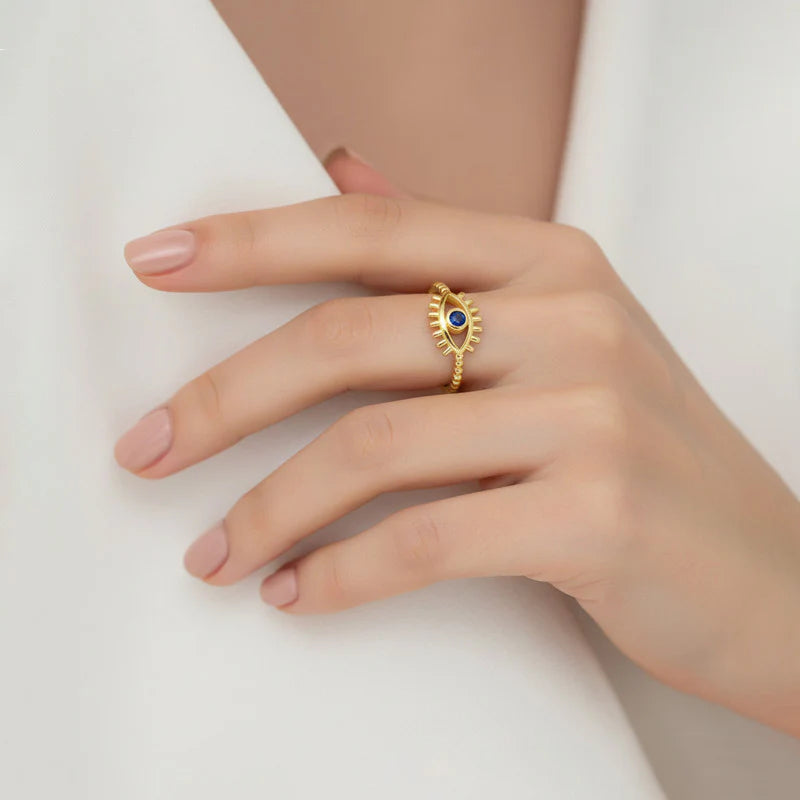 Gold Evil Eye Adjustable Ring with Blue Stone