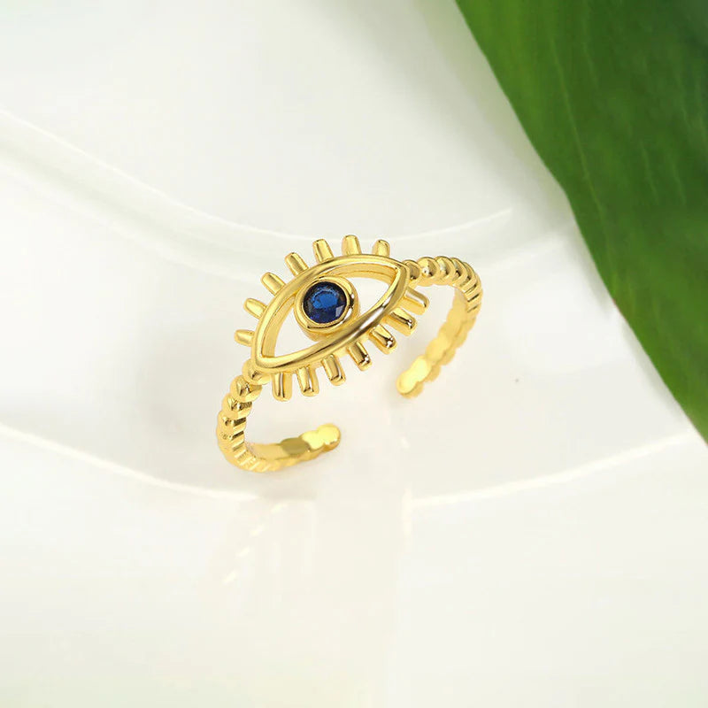 Gold Evil Eye Adjustable Ring with Blue Stone