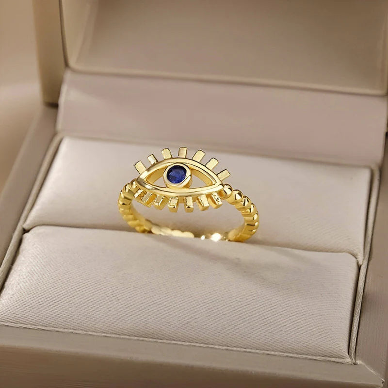 Gold Evil Eye Adjustable Ring with Blue Stone