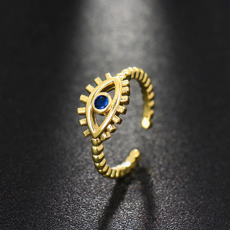 Gold Evil Eye Adjustable Ring with Blue Stone