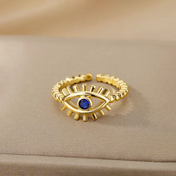 Gold Evil Eye Adjustable Ring with Blue Stone